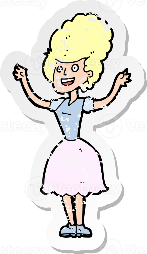 retro distressed sticker of a cartoon happy 1950s woman drawing png