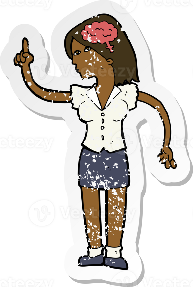 retro distressed sticker of a cartoon woman with clever idea drawing png