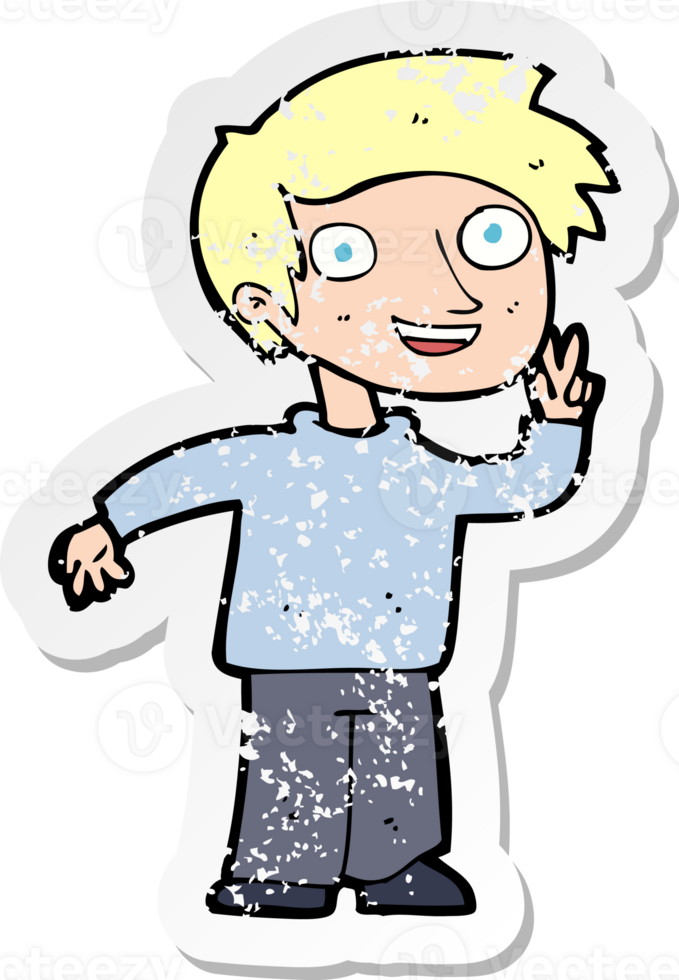 retro distressed sticker of a cartoon boy posing for photo drawing png