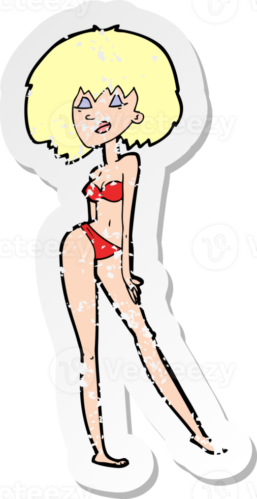 retro distressed sticker of a cartoon woman in bikini drawing png