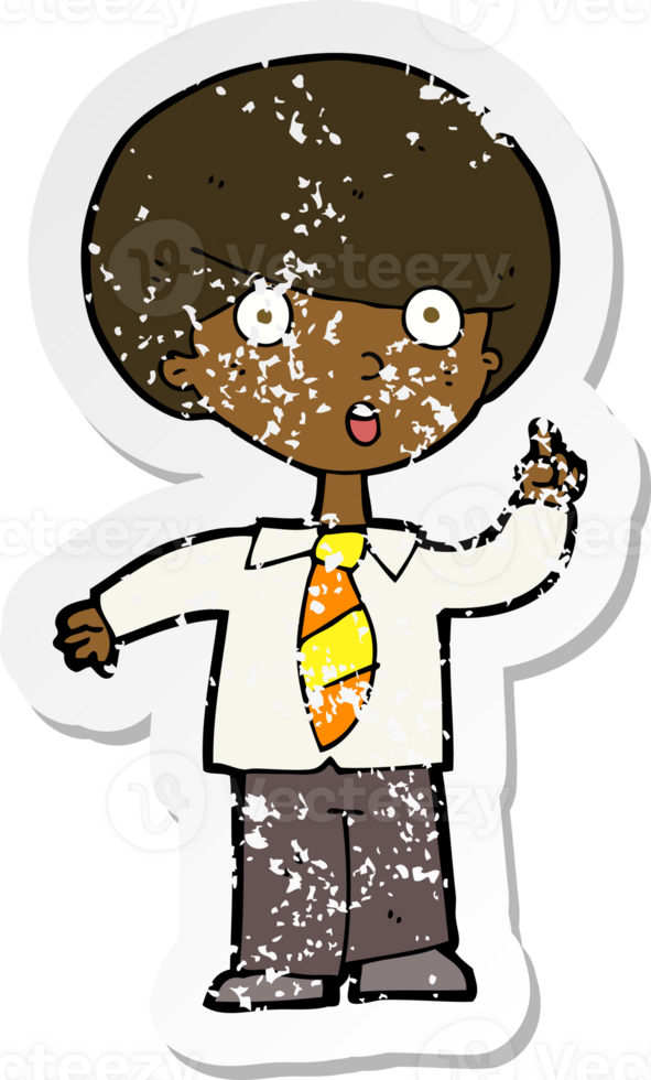 retro distressed sticker of a cartoon school boy answering question drawing png