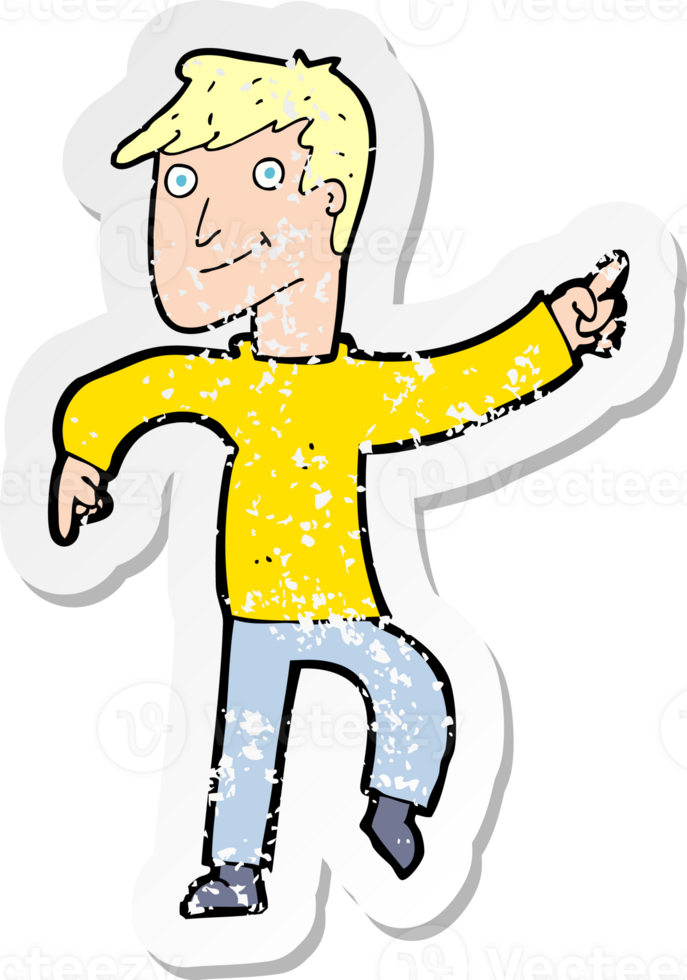 retro distressed sticker of a cartoon happy man pointing drawing png