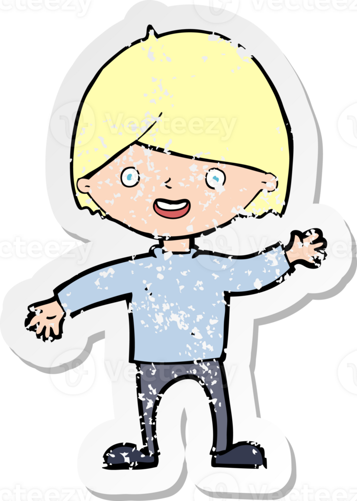 retro distressed sticker of a cartoon waving boy drawing png