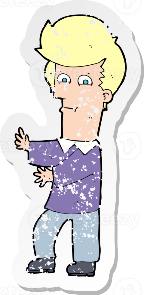retro distressed sticker of a cartoon man gesturing wildly drawing png