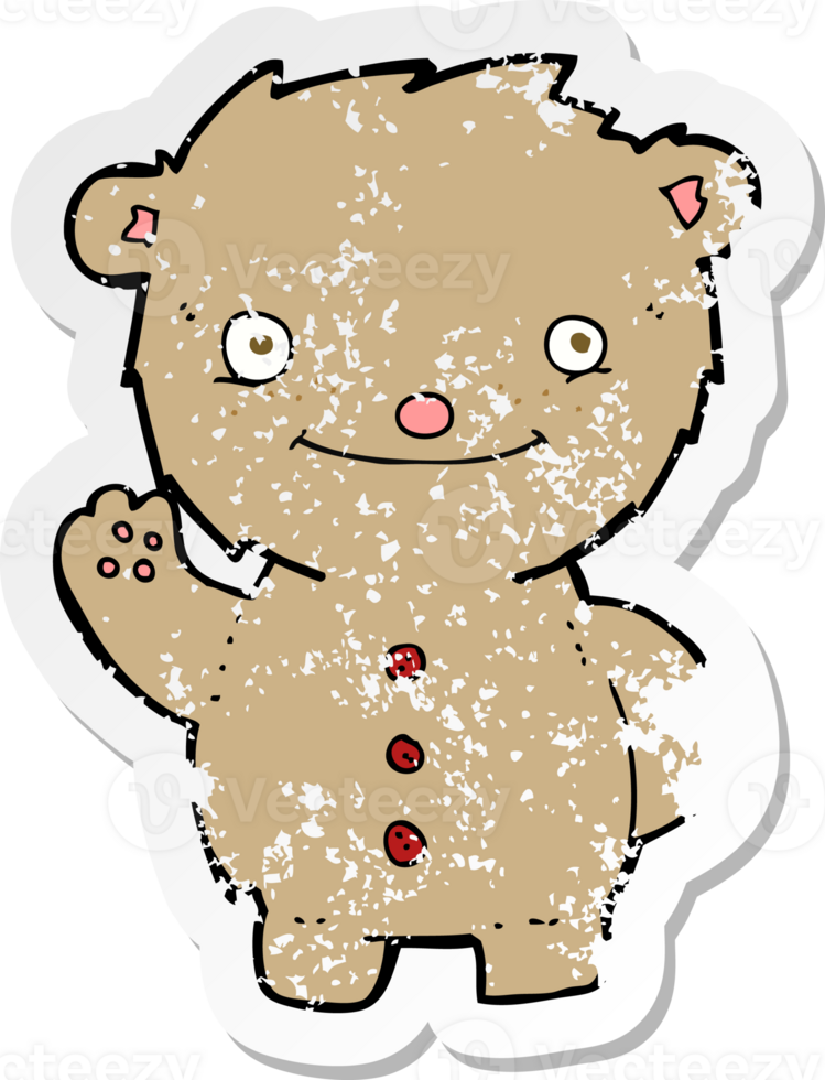 retro distressed sticker of a cartoon waving teddy bear drawing png