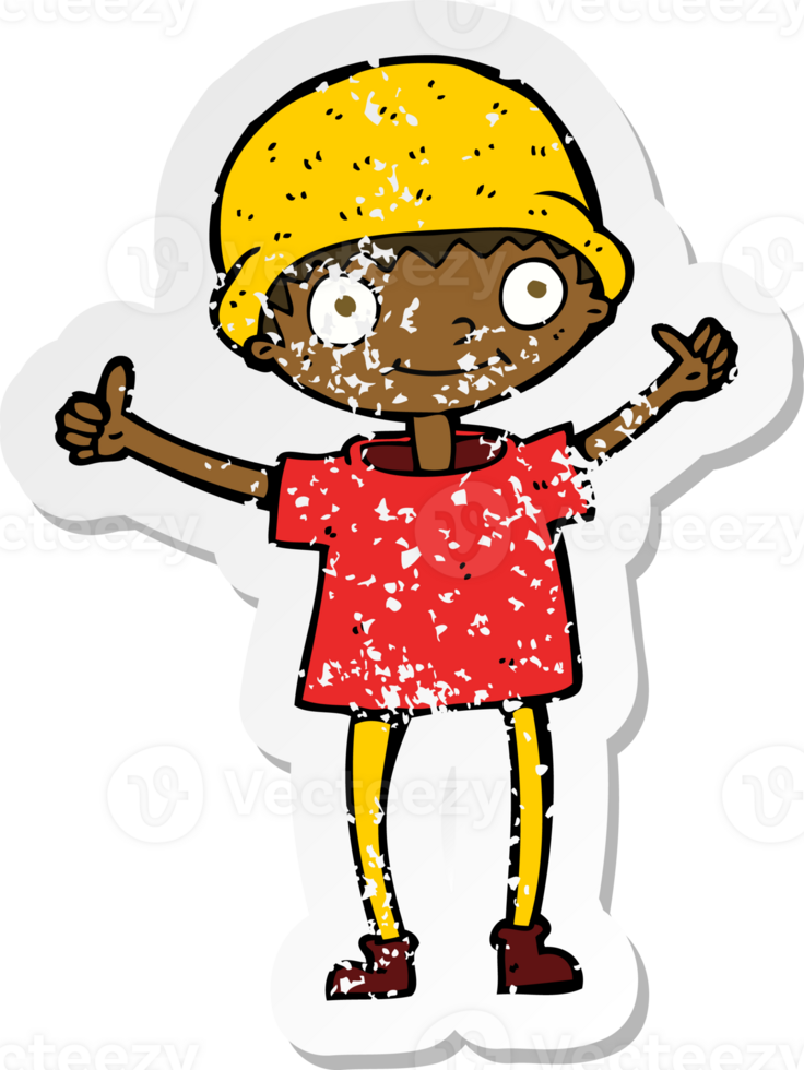 retro distressed sticker of a cartoon boy with positive attitude drawing png