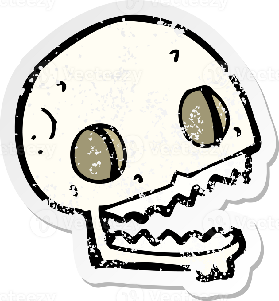 retro distressed sticker of a cartoon spooky skull drawing png