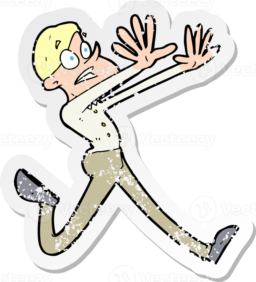 retro distressed sticker of a cartoon man running away drawing png