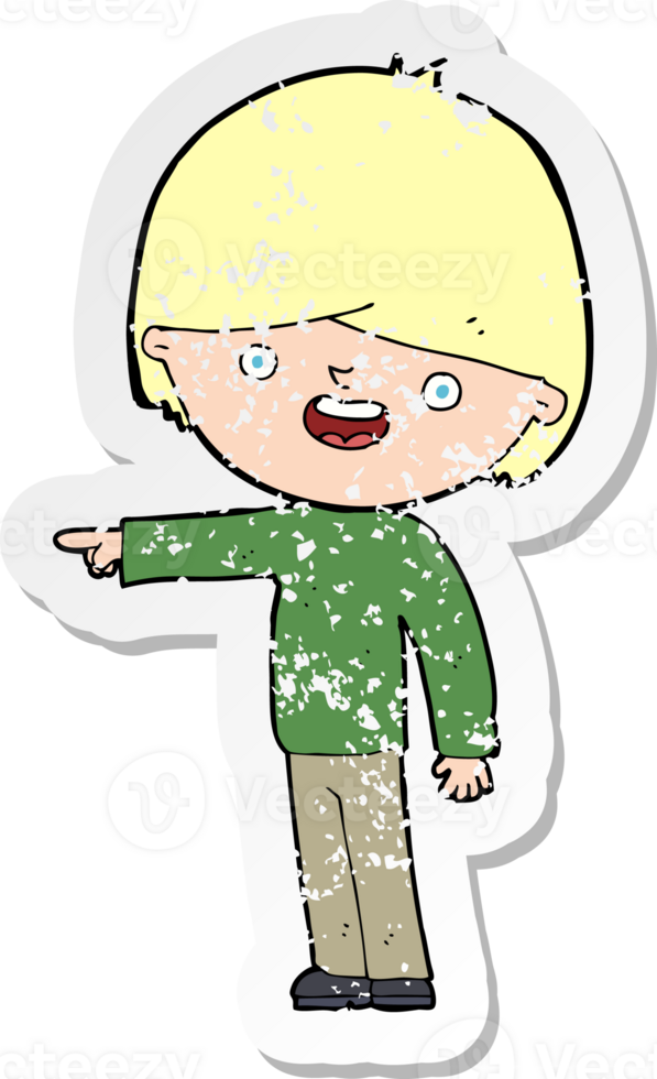 retro distressed sticker of a cartoon man pointing drawing png