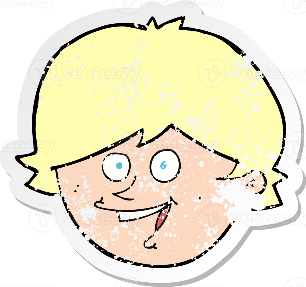 retro distressed sticker of a cartoon happy boy face drawing png