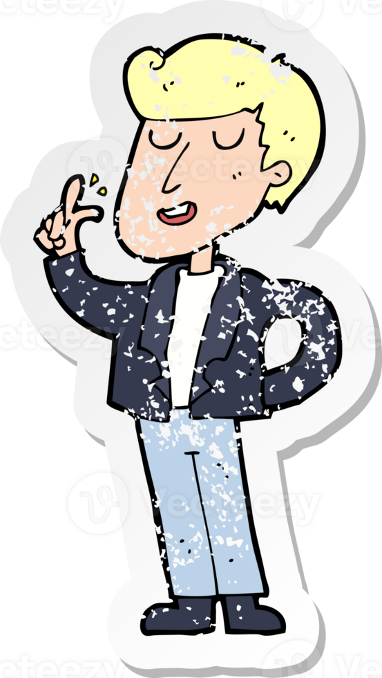 retro distressed sticker of a cartoon cool guy snapping fingers drawing png