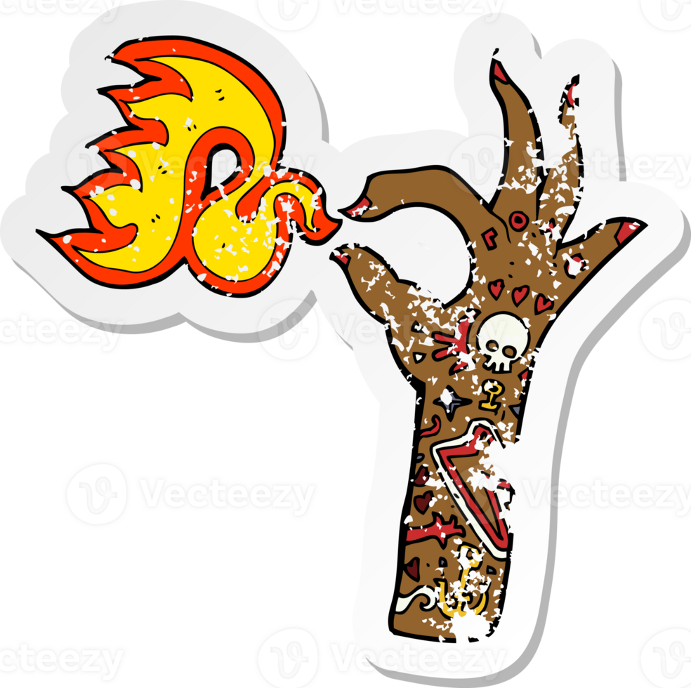 retro distressed sticker of a cartoon tattoo arm fire symbol drawing png
