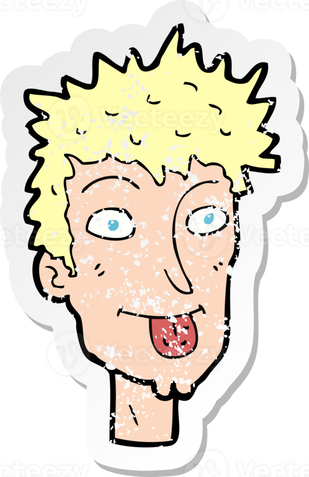 retro distressed sticker of a cartoon man sticking out tongue drawing png