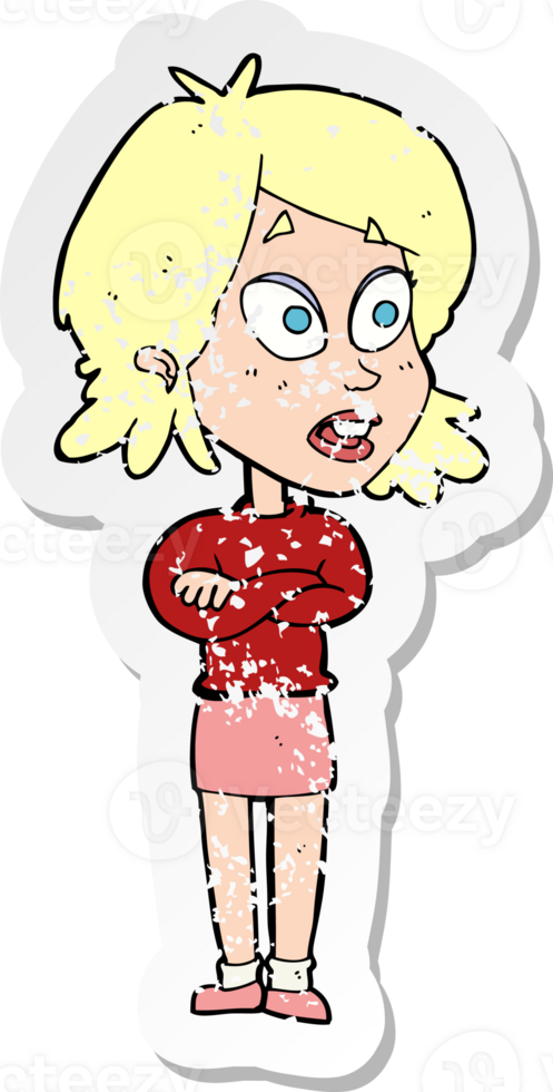 retro distressed sticker of a cartoon surprised woman drawing png