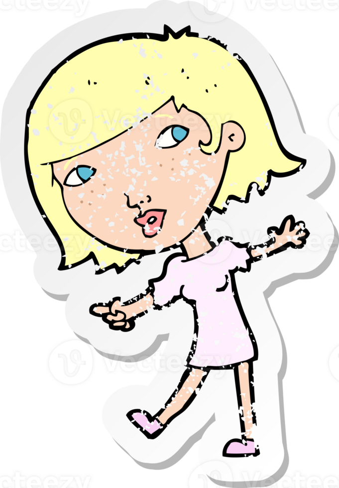 retro distressed sticker of a cartoon happy girl gesturing to follow drawing png