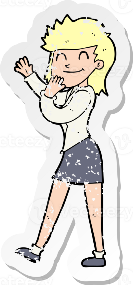 retro distressed sticker of a cartoon happy businesswoman drawing png
