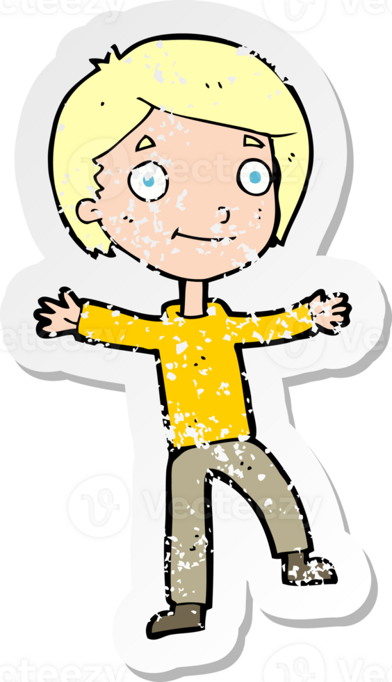 retro distressed sticker of a cartoon excited boy drawing png