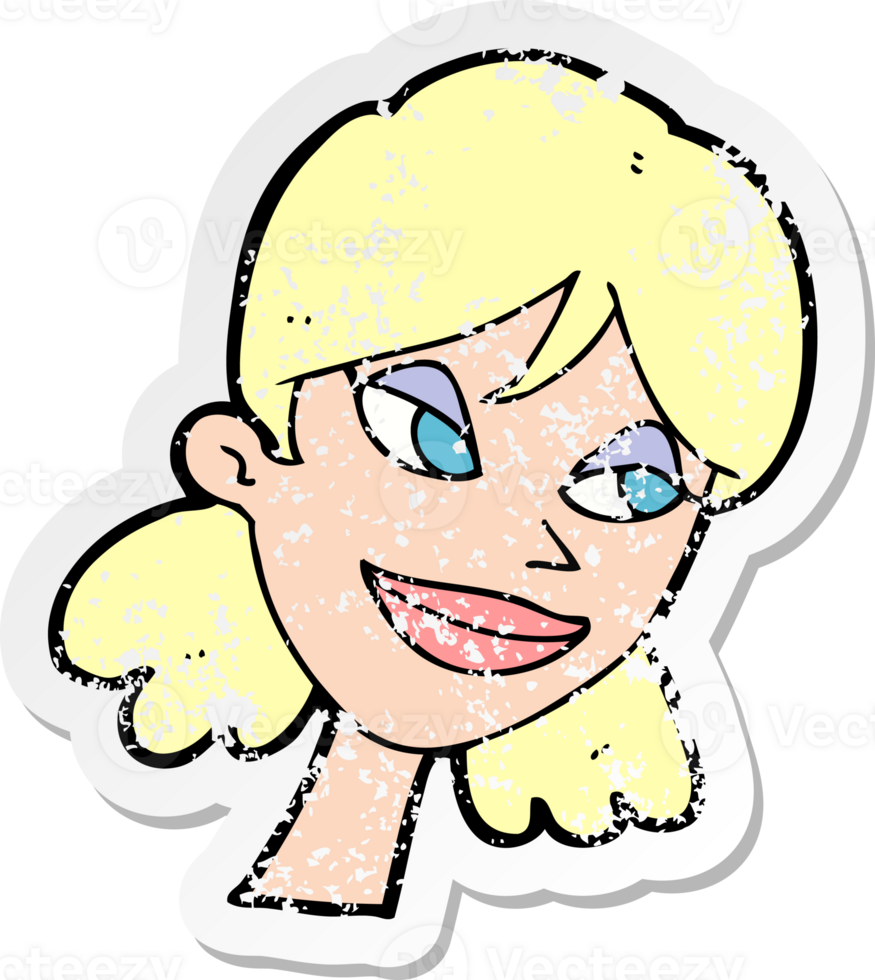retro distressed sticker of a cartoon happy female face drawing png