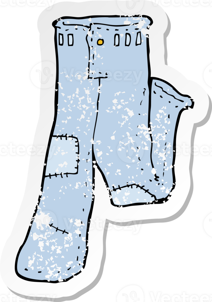 retro distressed sticker of a cartoon patched old jeans drawing png