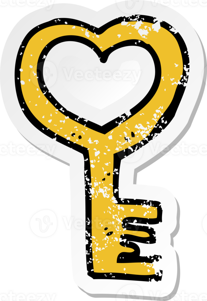 retro distressed sticker of a cartoon heart shaped key drawing png