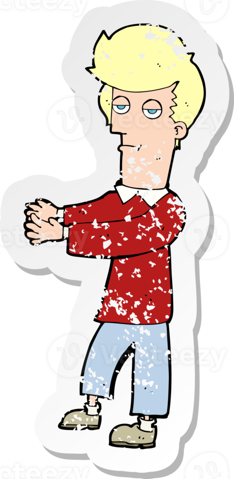 retro distressed sticker of a cartoon bored man showing the way drawing png