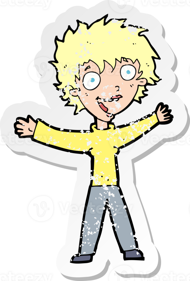 retro distressed sticker of a cartoon excited woman drawing png