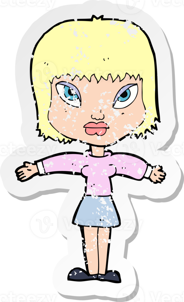 retro distressed sticker of a cartoon woman with outstretched arms drawing png