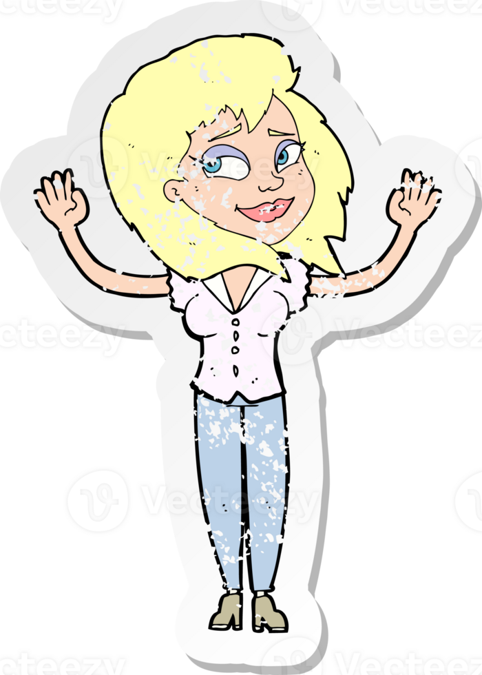 retro distressed sticker of a cartoon woman giving up drawing png