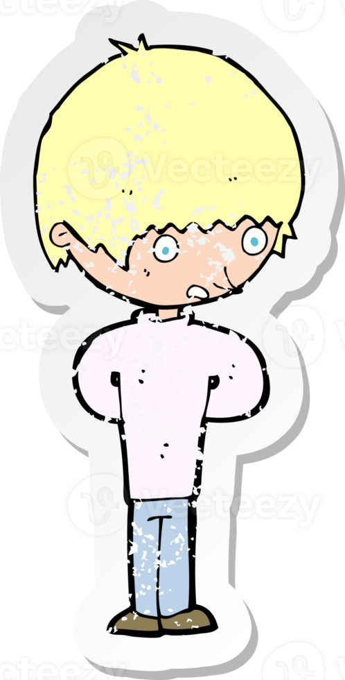 retro distressed sticker of a cartoon nervous boy drawing png