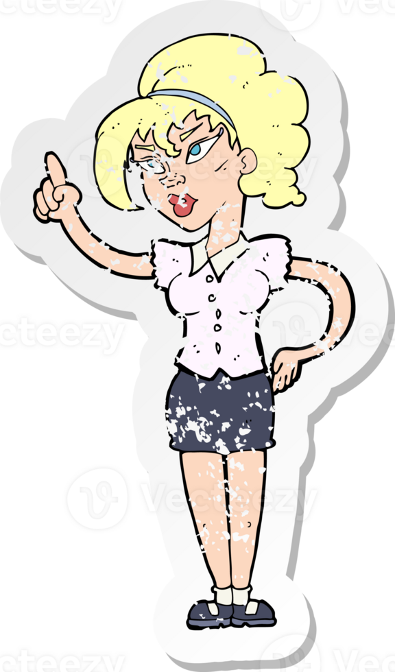 retro distressed sticker of a cartoon woman with idea drawing png