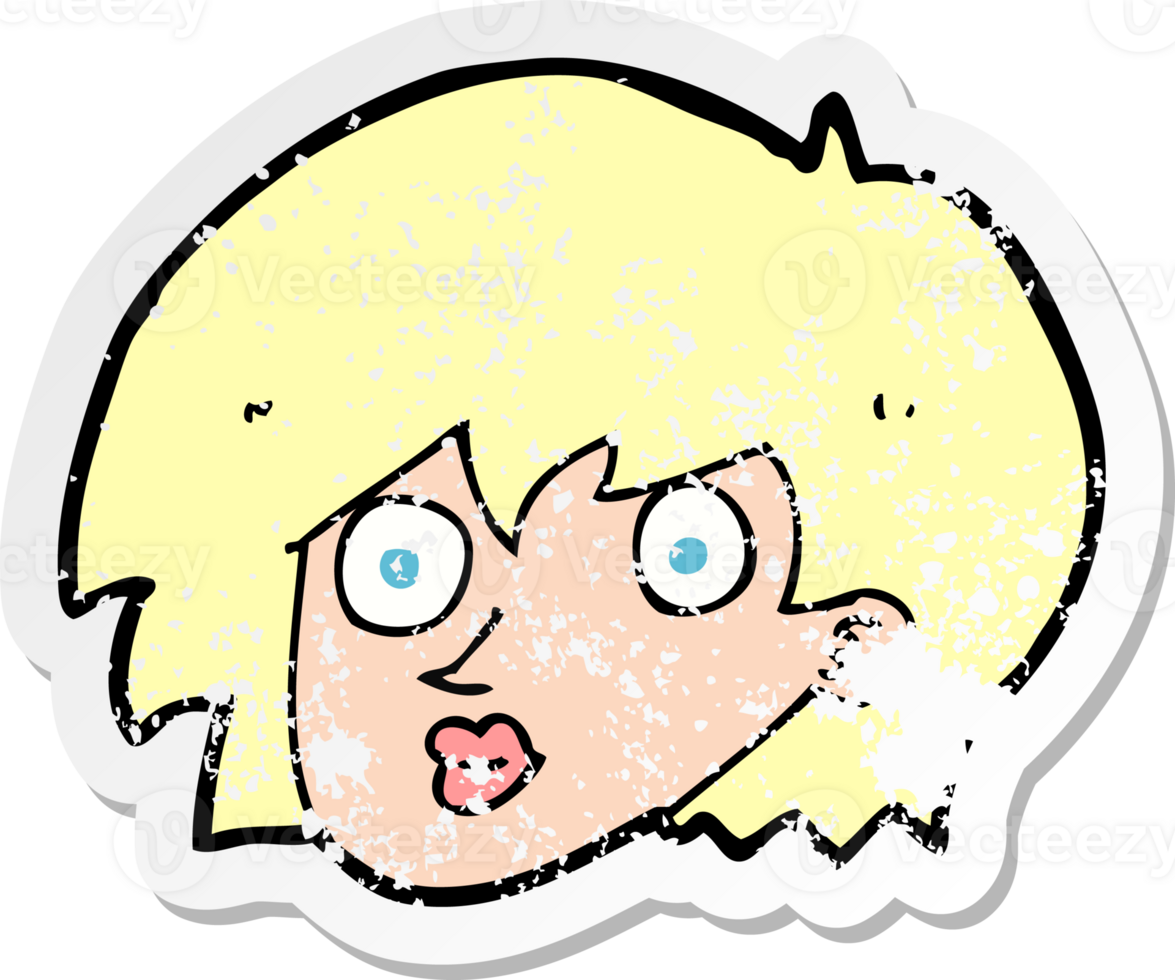 retro distressed sticker of a cartoon surprised female face drawing png