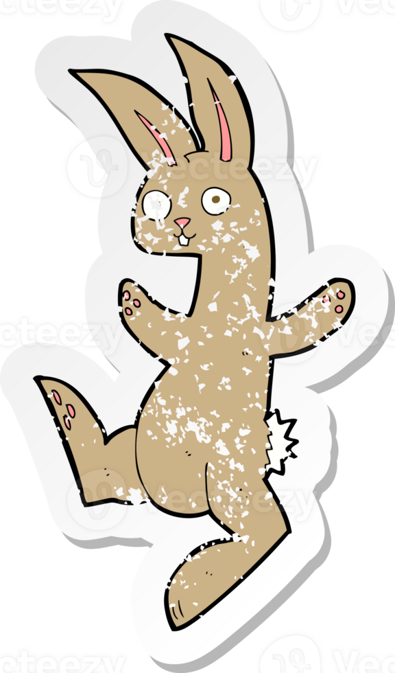 retro distressed sticker of a funny cartoon rabbit drawing png