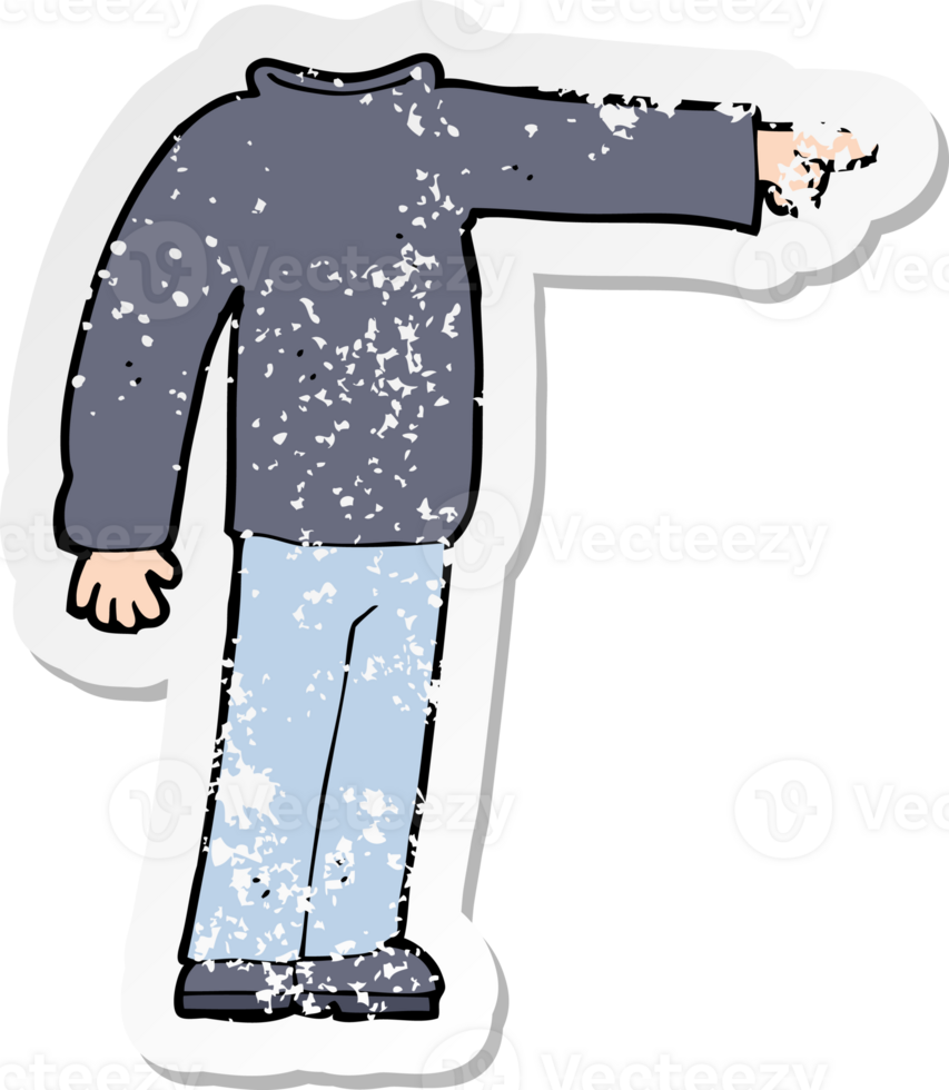 retro distressed sticker of a cartoon headless man pointing drawing png
