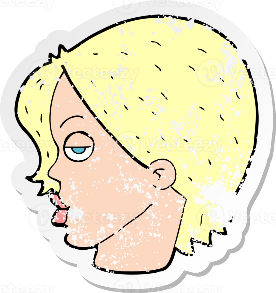 retro distressed sticker of a cartoon woman raising eyebrow drawing png