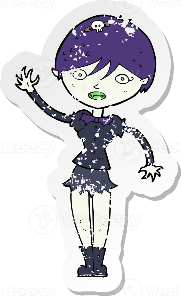 retro distressed sticker of a cartoon vampire girl waving drawing png