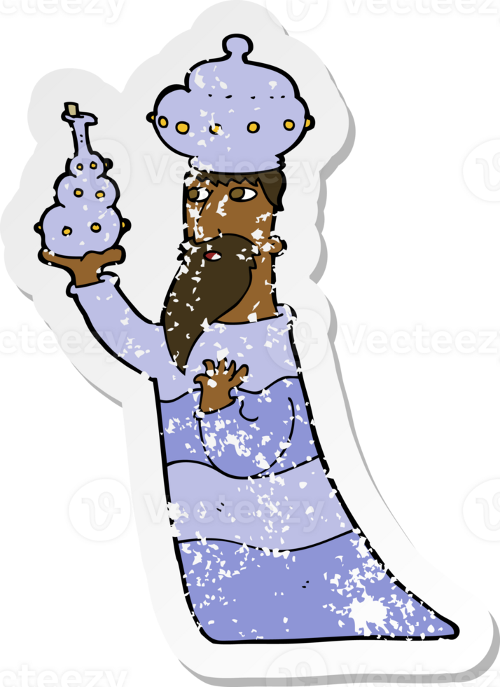retro distressed sticker of a one of the three wise men drawing png
