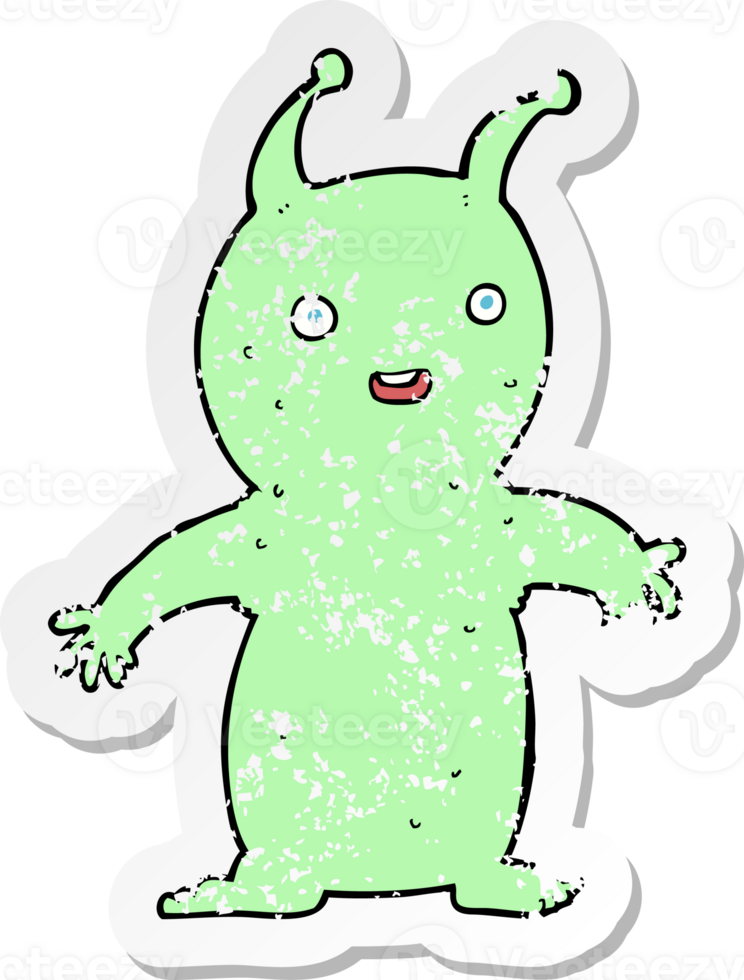 retro distressed sticker of a cartoon happy little alien drawing png