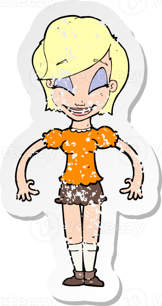 retro distressed sticker of a cartoon pretty woman drawing png