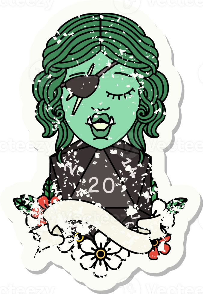 grunge sticker of a half orc rogue with natural twenty dice roll drawing png