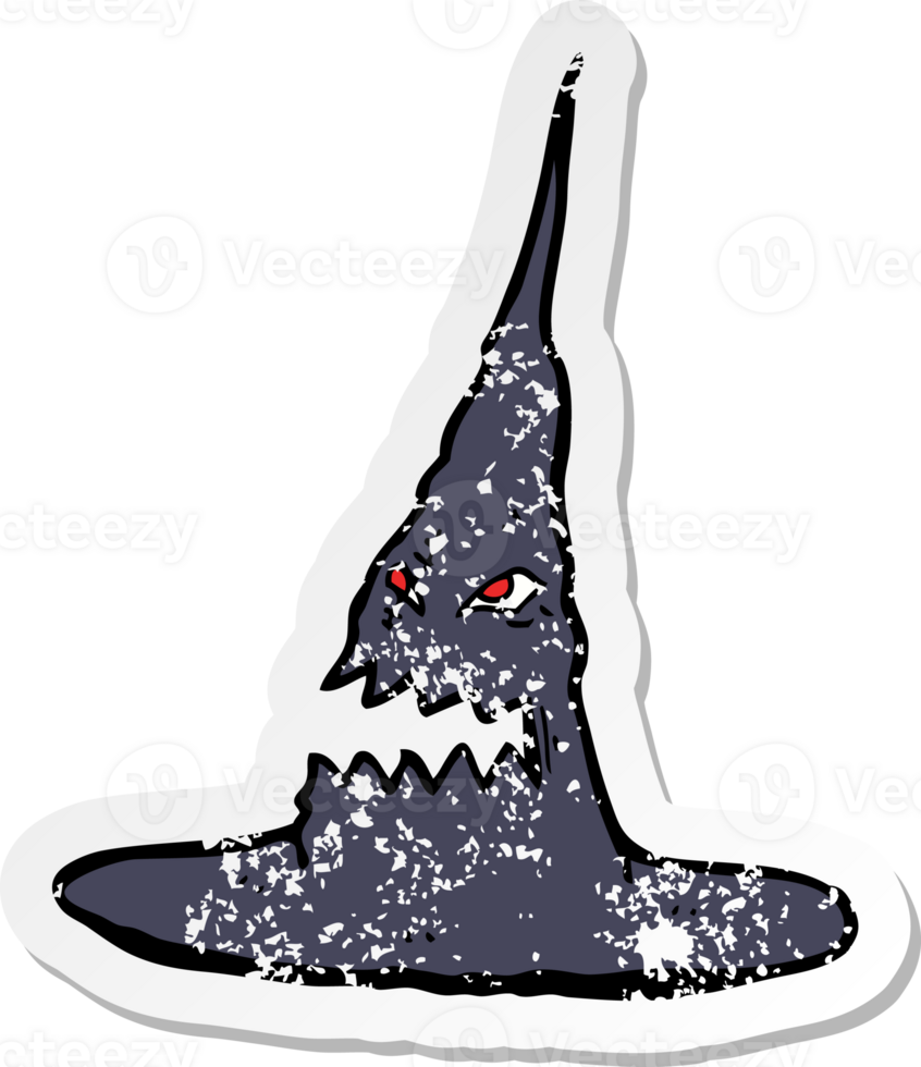 retro distressed sticker of a cartoon spooky witches hat drawing png