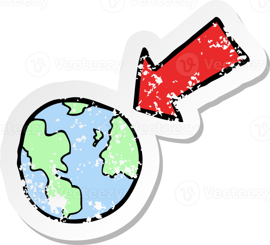 retro distressed sticker of a cartoon arrow pointing at earth drawing png