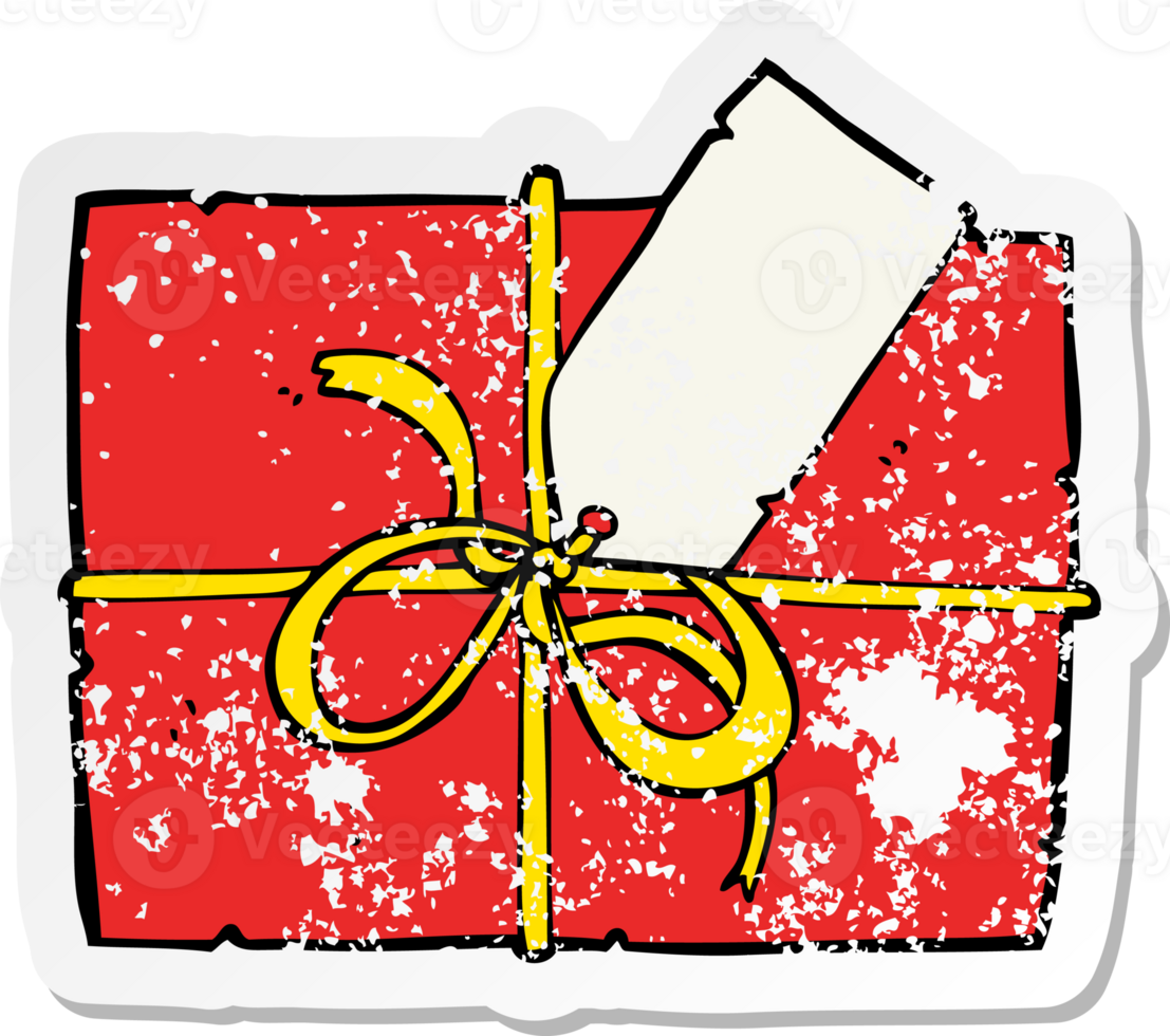 retro distressed sticker of a cartoon wrapped present drawing png