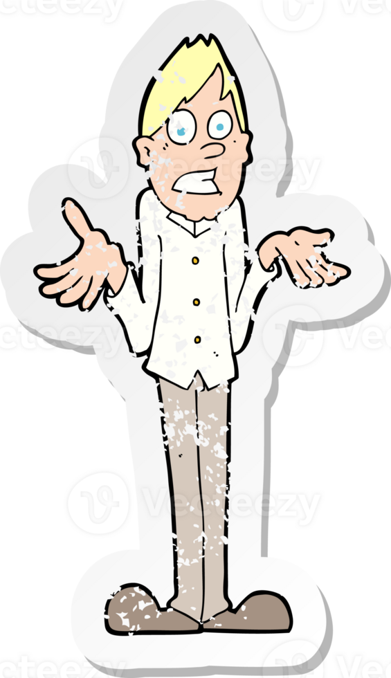 retro distressed sticker of a cartoon man shrugging shoulders drawing png
