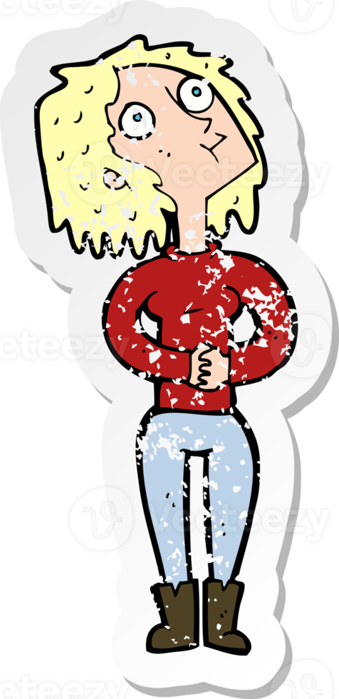 retro distressed sticker of a cartoon woman looking upwards drawing png
