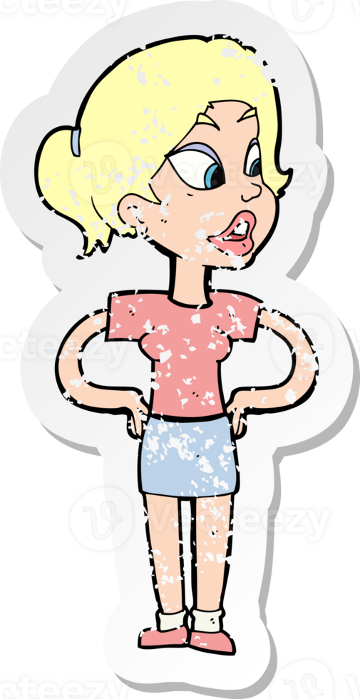 retro distressed sticker of a cartoon woman with hands on hips drawing png