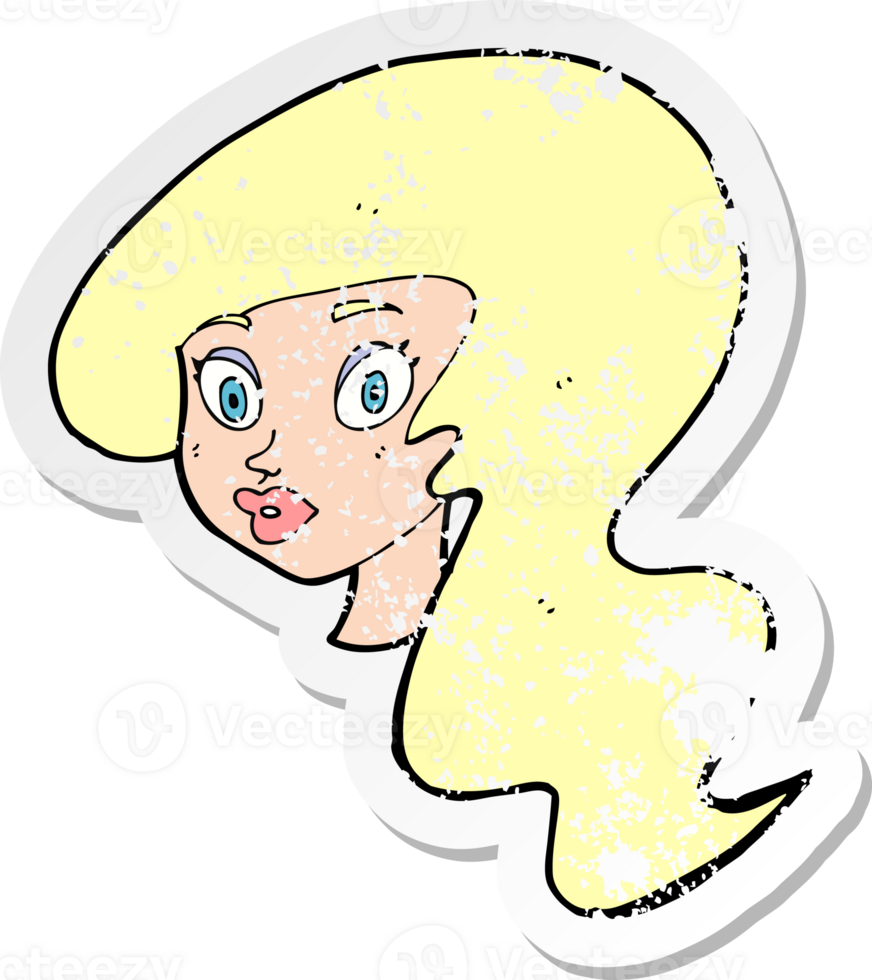 retro distressed sticker of a cartoon pretty female face drawing png