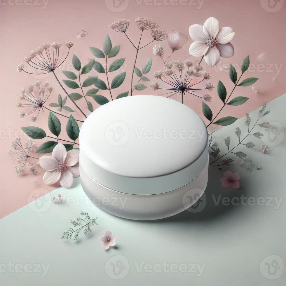 mock up of a skincare place, with a solid color background accompanied by flowers, there is a white mockup for your brand photo