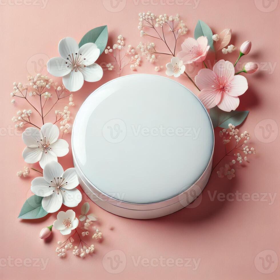 mock up of a skincare place, with a solid color background accompanied by flowers, there is a white mockup for your brand photo