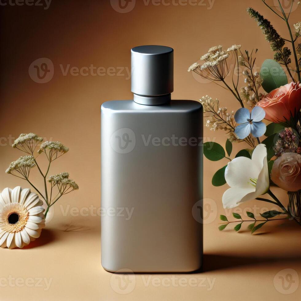 Perfume holder mockup for your brand, with a flower background to make editing easier photo