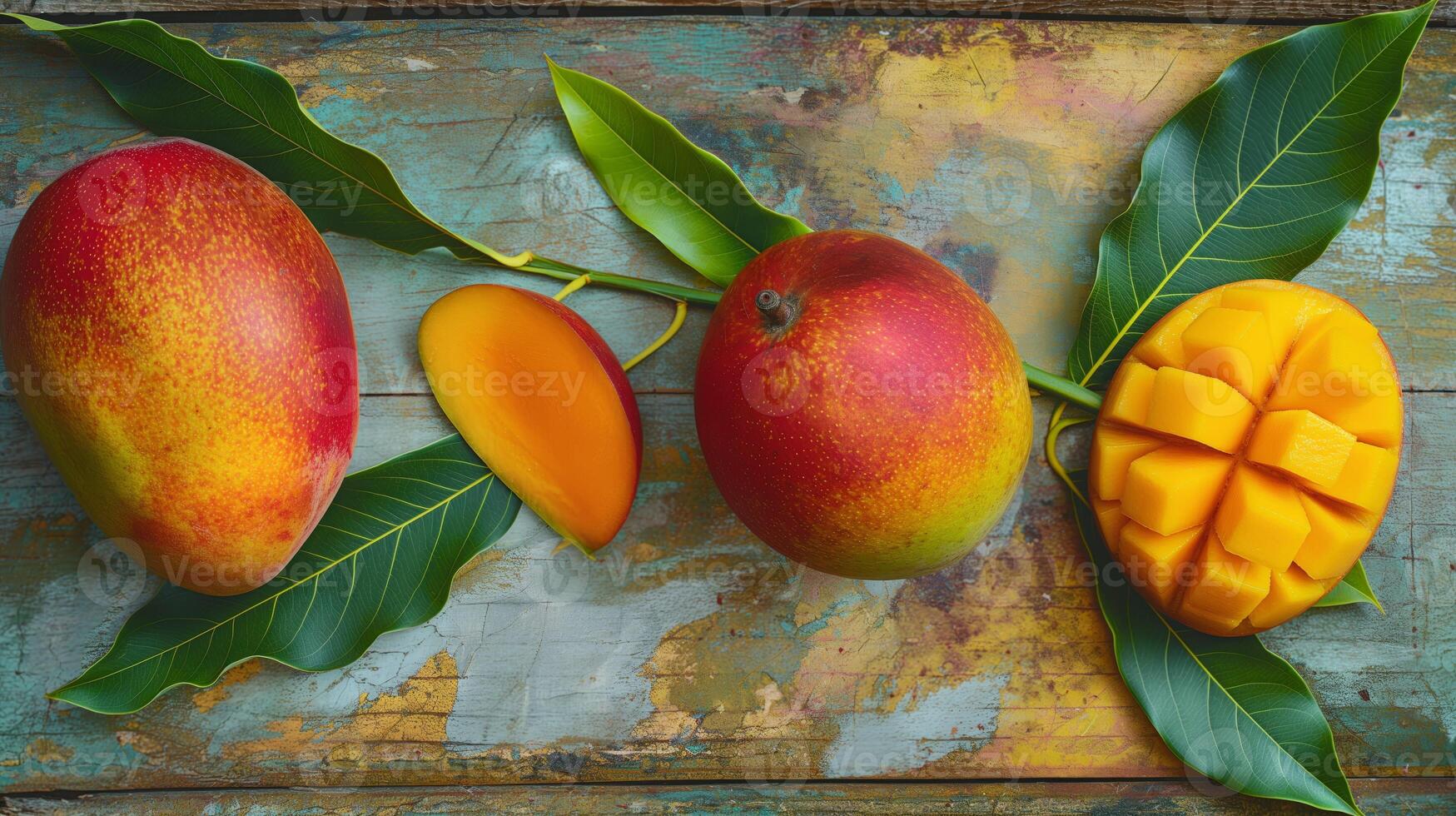 Fresh mangoes with leaves on wooden background photo